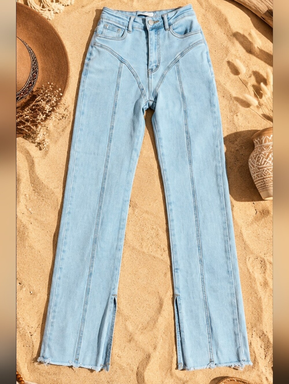 Egreis Corset Seam Jeans Light Blue Denim Retro High Waist Ankle Slit W25 L32